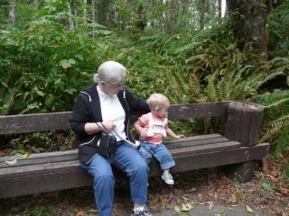 LiliBee and Grams on a bench.