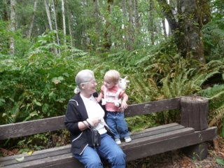 LiliBee and Grams on a bench.