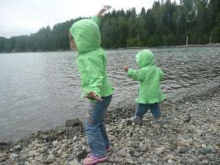 CareBear and LiliBee throw things in the lake.