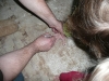 Tracing CareBear\'s hands.